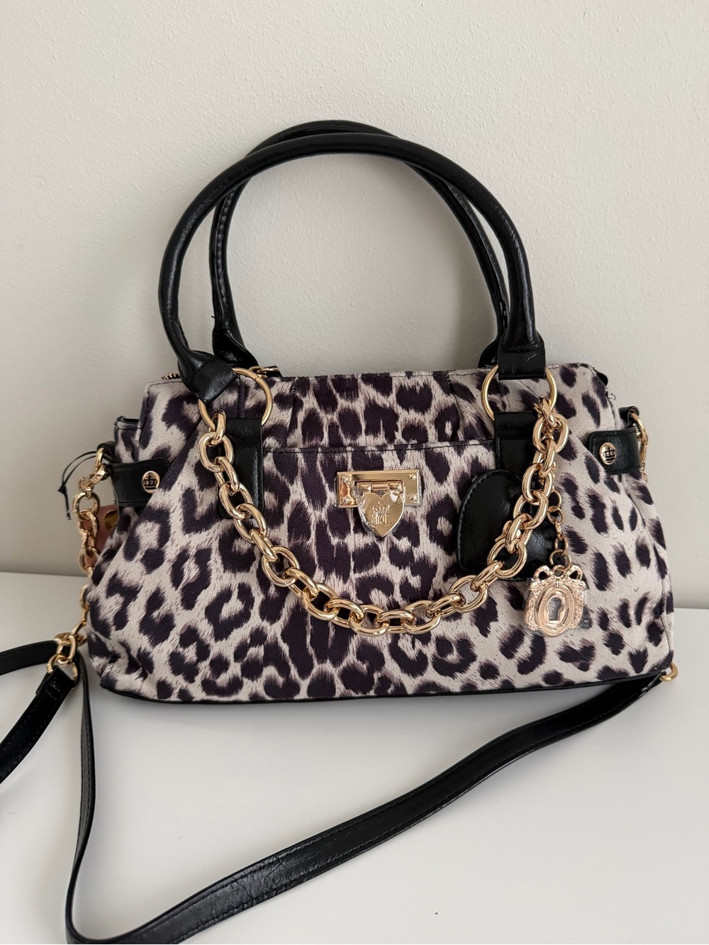 Leopard Print Satchel Bag with Gold Chain Detail - Black/White